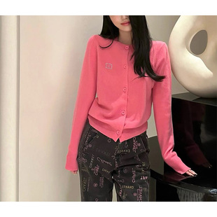 Star with 2024 autumn new pink 100% imported sheep wool sweater women's rhinestone smiley face sweater