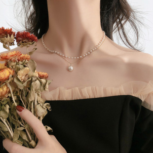 Japanese and Korean Style Elegant Double Layer Imitation Pearl Clavicle Chain Women's Niche High-grade Simple Retro All-match Overlapping Woolen Chain Accessories