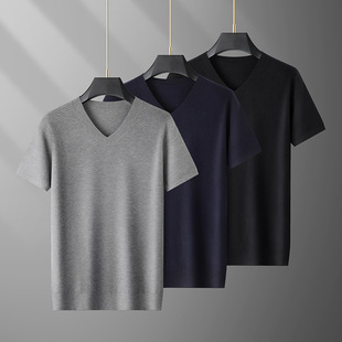 Chubby Guy 2024 Autumn and Winter New Men's Plus Size Plus Size Fashion Casual V-Neck Short Sleeve Sweater Knitted Shirt