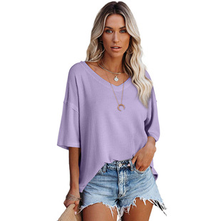 Shiying Solid Color Waffled Knitted Shoulder Top Women's European and American Simple Trendy Pullover V-Neck Loose T-Shirt for Women