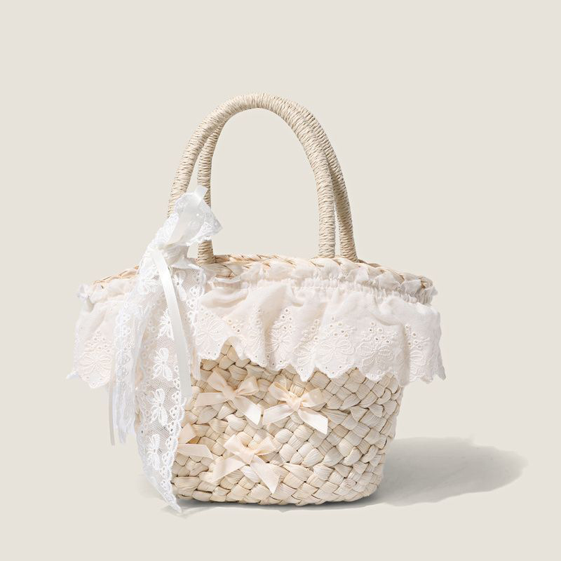 New style straw woven bag with a fresh, natural forest theme, bucket bag, Korean style lace trim, crossbody/handbag/beach bag.