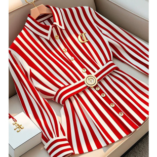 French Style Red Striped Shirt Women's Good-Looking Waist Top Early Autumn