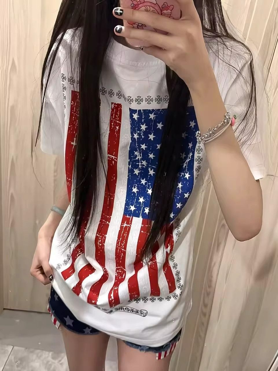 American-Style New Trendy Brand Crovan Sanskrit Print Flag Short-Sleeve T-Shirt for Men and Women, Summer Pure Cotton Loose Versatile Top