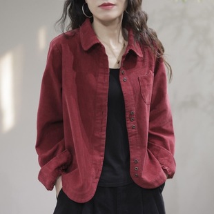 2024 Spring and Autumn New shirt fashionable casual western style loose all-match long sleeve lapel corduroy shirt cardigan for women