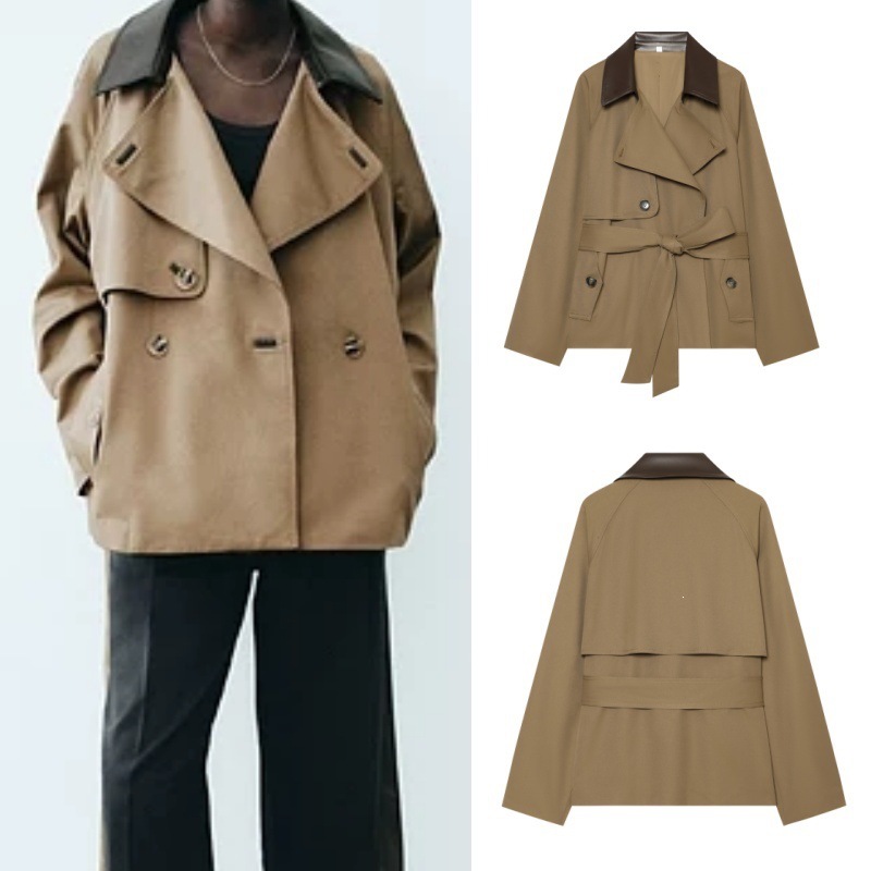 Cross-border European and American style foreign trade wholesale French retro fashion casual versatile trench coat with belt 1323269