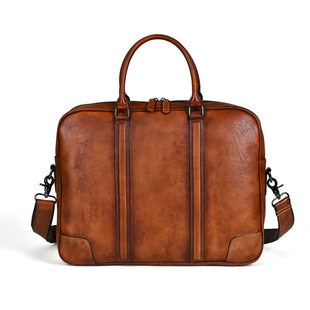 Wolfton Vintage Vegetable Tanned Leather Handmade Men's 15-inch Horizontal Cowhide Laptop Business Genuine Leather High-end Briefcase