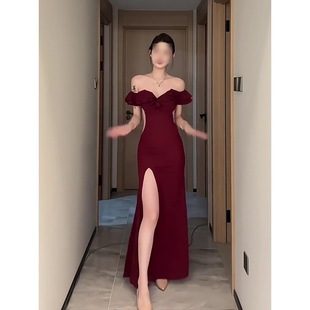 Yujie Temperament Socialite wine red Dress off-shoulder dress Spice Girl Split Waist Hip Fishtail Long Dress for Women