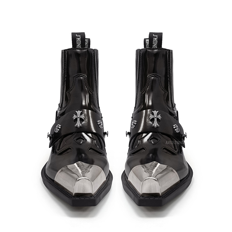 Western Cowboy Metal-Toe Chelsea Ankle Boots Unisex Chunky Heel Motorcycle Boots Retro Punk Height-Increasing Trendy Ankle Boots
