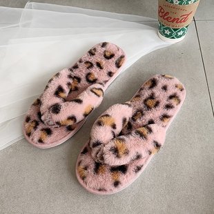 Cross-border Mao Mao slippers leopard print flip-flops women's new home fashion flat rabbit fur slippers foreign trade Xinjiang Cotton