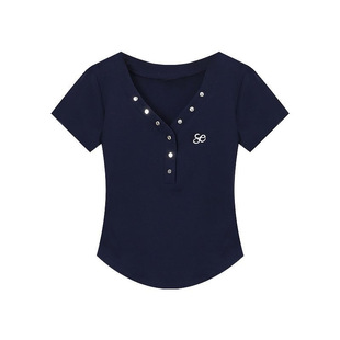 Hot Girls Slim-fit V-neck Short-sleeve Shoulder T-shirt Women's Summer 2025 New Early Spring and Autumn Inner Design Korean Top