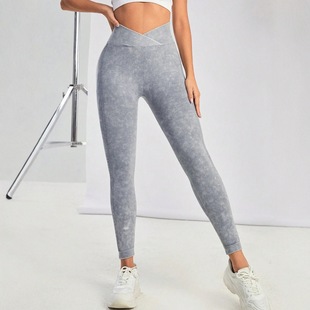 Cross-Border Yoga Pants Seamless Splicing Waist Fitness Running Peach Hip Lift Scissor Waist Cross Waist Tights