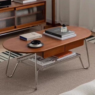Nordic Vintage Coffee Table Living Room Household Stainless Steel Middle Ancient Oval Simple Solid Wood Tea Table