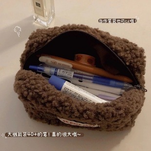 Korean version of large capacity plush pen bag net popular student girls simple lamb wool stationery box makeup storage bag wholesale