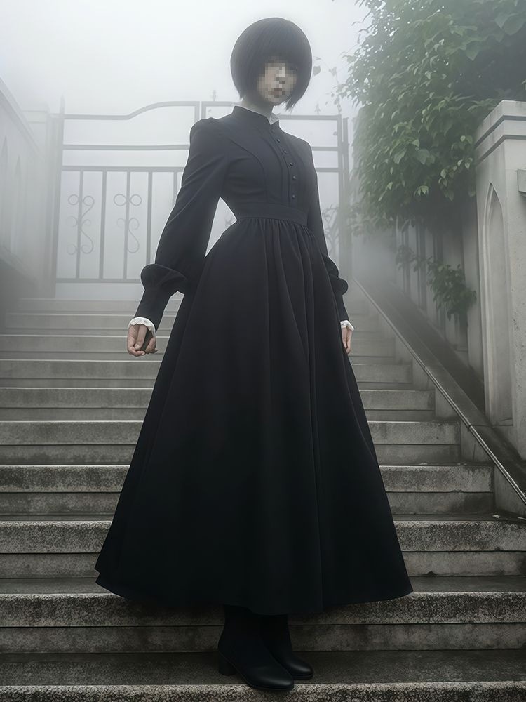 French Court Style Lace Stand Collar Dress for Women, Autumn Waist-Slimming Long Dress with Mesh Solid Color Buttons