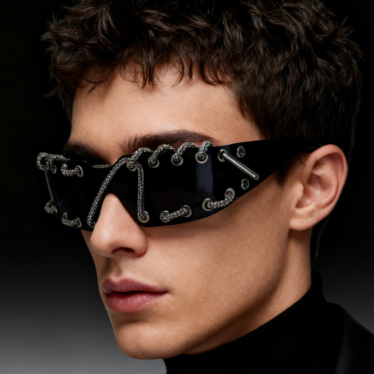 Y2K Frameless Sparkling Sunglasses with Metal Ring Rivets - Retro-Futuristic Party Sunglasses - UV Protection
