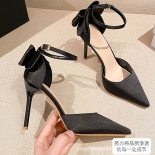 2022 New Summer One-word Buckle Bow High Heels Stiletto Heel Pointed Shallow Women's Shoes Tuo Sandals