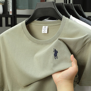 Men's Short-sleeved T-shirt Summer Cotton Loose Casual All-match Half-sleeved Solid Color Middle-aged and Young Embroidered Crewneck T-shirt for Men