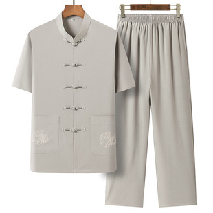 Summer Middle-aged and Elderly Men's Tang Suit Dad Thin Ice Silk Short Sleeve 70 Chinese Style 80 Grandpa Buckle Cotton and Linen Suit