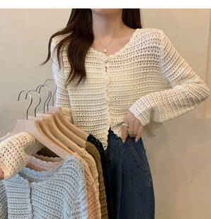Sun-proof Hollow-out V-neck Knitted Cardigan Jacket Women's Long-sleeved 2024 Summer Outer Woven Small Short Top