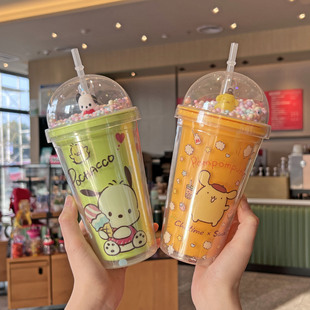 Creative New Summer Online Celebrity Plastic Cup double-layer ice Cup high-looking cute cartoon Sanrio straw water Cup