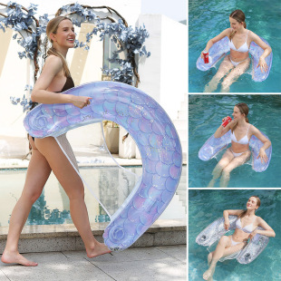 Water floating bed cross-border new pvc inflatable floating row mermaid pattern backrest floating chair with net U-shaped water recliner