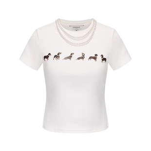 high quality Jennie Same Style Summer New Pearl Dachshund Printed Short-sleeved T-shirt Women's Slim-fit Top in stock
