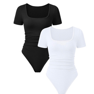 Europe and the United States cross-border supply of women's tight wrinkled jumpsuit casual comfortable jumpsuit black and white solid color inside wholesale