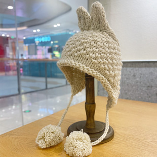 Rabbit Ears fur ball lace-up closed toe hat female cute autumn and winter warm ear protection Lei Feng hat versatile knitted wool hat