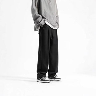 Hanfeng Street Trendy fleece-lined Straight Leg Pants Men's and Women's 2024 Trendy Brand All-match Pendant Wide Leg Loose Solid Color Casual Pants