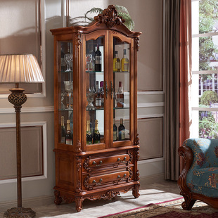 American Style Full Solid Wood Double Door Wine Cabinet Home Living Room Side Cabinet with Glass Door Storage Red Wine Cabinet Display Cabinet Wall