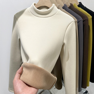 Slim-Fit Knit with Half-High Neck Base Shirt fleece-lined Thickened Warm Top Women's Long-Sleeved Inner Top for Autumn and Winter
