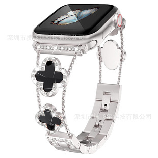 Применимо для Apple AppleiWatchS10 четырехлистный лист с бриллиантами из металлической стали ремешок 4246mUltra2