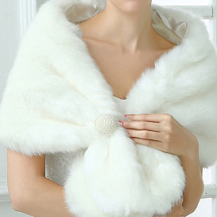 Factory Straight Hair Cross-border European and American Women's White Bead Buckle Warm Faux Fox Hair Wedding Dress Wool Shawl