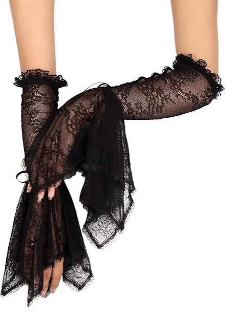 Women's Double Gothic Black Lace Sleeve Witch Gloves Victorian Lace Sleeve Vampire Accessories