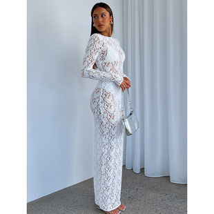 Amazon Europe and the United States foreign trade spring and summer new women's sexy hollow lace pattern perspective slim lace dress