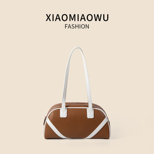 Fashion Niche Underarm Bag Autumn and Winter Vintage Stitching Contrast Color Shoulder Bag Portable Boston Bowling Bag Women's Korean Style