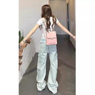 American Light Color Straight Jeans Women's Summer High Waist Loose Wide Leg Slimming Multi-Pocket Casual Work Pants Trendy