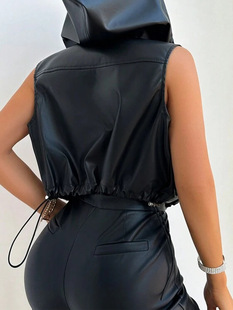 Cross-border Amazon New Fashion Women's Drawstring Hood Stereo Pocket Zipper PU Leather Women's Vest