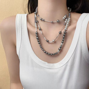 Super Flash Silver Grey Beaded Water Drop Tassel Multi-layer Stacked Collarbone Chain Women's Light Luxury European and American High-end Necklace Accessories
