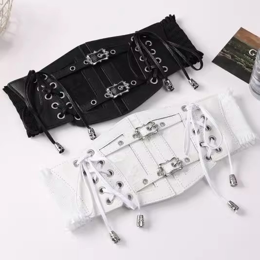 Black Lace Strap Leather Girdle for Women Decorative Fashionable Outer Wear Elastic Waistband Wide Belt Girdle