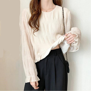 Foreign Trade Japan Spring Autumn Winter South Korea New Pleated Chiffon Shirt Loose All-match Long Sleeve Top