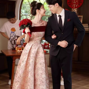 French Toast dress bride 2024 New sense wine red engagement dress dress printed satin white back door