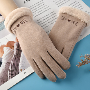 Wholesale Cute Hair Touch Screen Warm Gloves Suede Gloves Women's Winter fleece-lined Thickened Cycling Finger Gloves