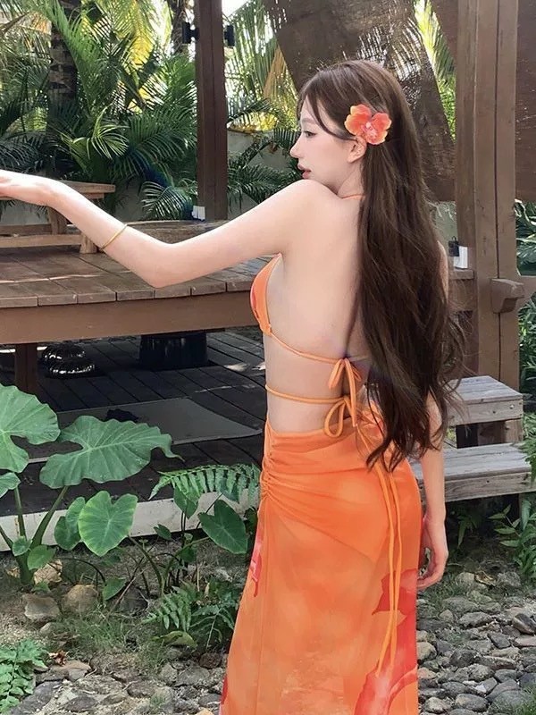 Thailand Bali Sanya Vacation Swimsuit Women's New Sexy Skirt Bikini Three-Piece Long Skirt Strappy Gauze Skirt