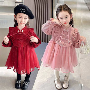 Baby Girl Winter fleece-lined Buckle Princess Yarn Dress Western Style 2024 New Winter Girl
