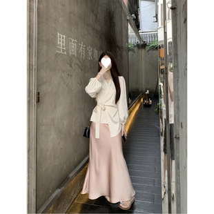 2025 French irregular stitching, solid color, patch collar waist long sleeve flying sleeve women's high waist thin fish