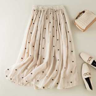 Real shot in stock lined skirt women's summer slim pleated skirt vintage elastic waist plus size cotton and linen long skirt