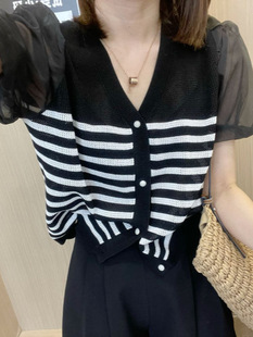 New All-match Slim-fit Fashion Design Sense Striped Gauze Sleeve Hollow Casual Knitted Pullover Small Chanel Style Top Ins