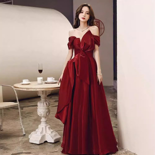 Sexy Toasting Dress Bride Engagement Temperament High-end wine red Evening Dress Women's High-end Niche Wedding Summer