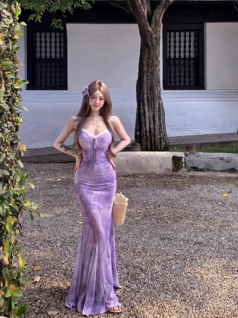 Purple Spliced Lace Suspender Dress for Women Summer Pure Desire Slim Fishtail Long Skirt Vacation Waist Mesh Skirt